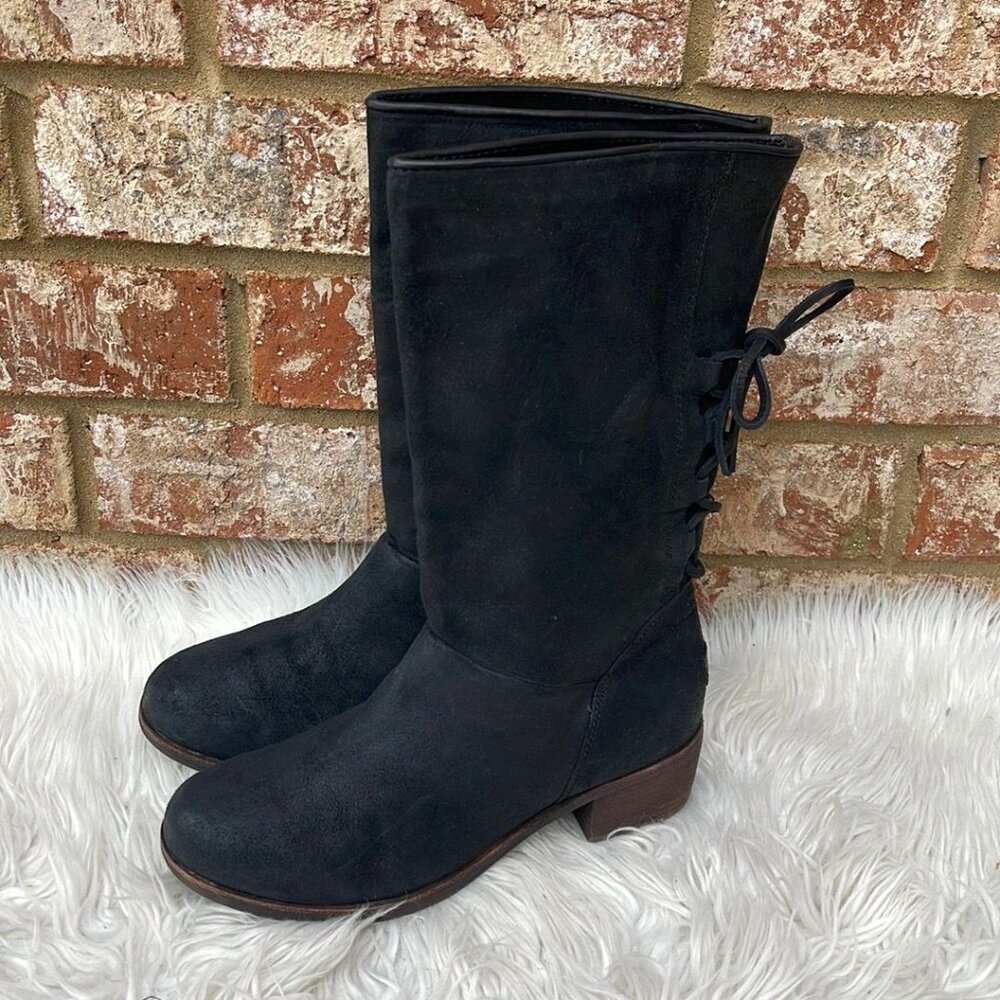 Ugg Cary Black Suede Mid Calf Boots with Leather Laced Up Backs Size 7